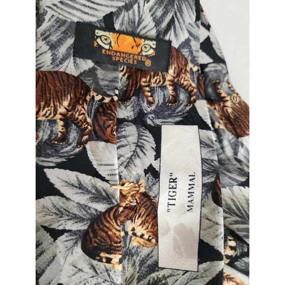 Endangered Species Tiger Silk Tie Mens Jungle Leaf Animal Print Grey Orange USA